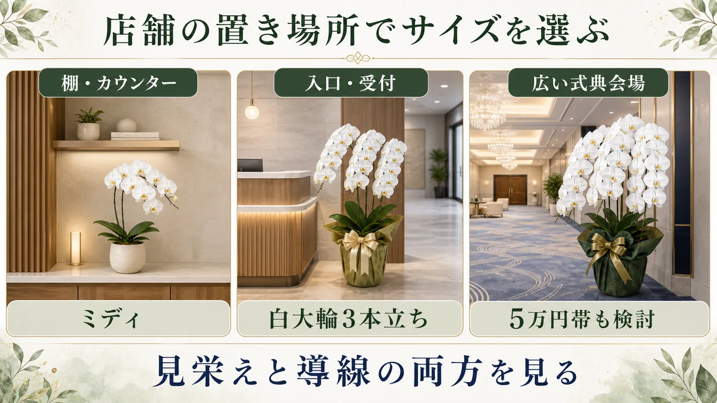 棚やカウンターはミディ・入口や受付は白大輪3本立ち・広い式典会場は5万円帯を検討する比較図