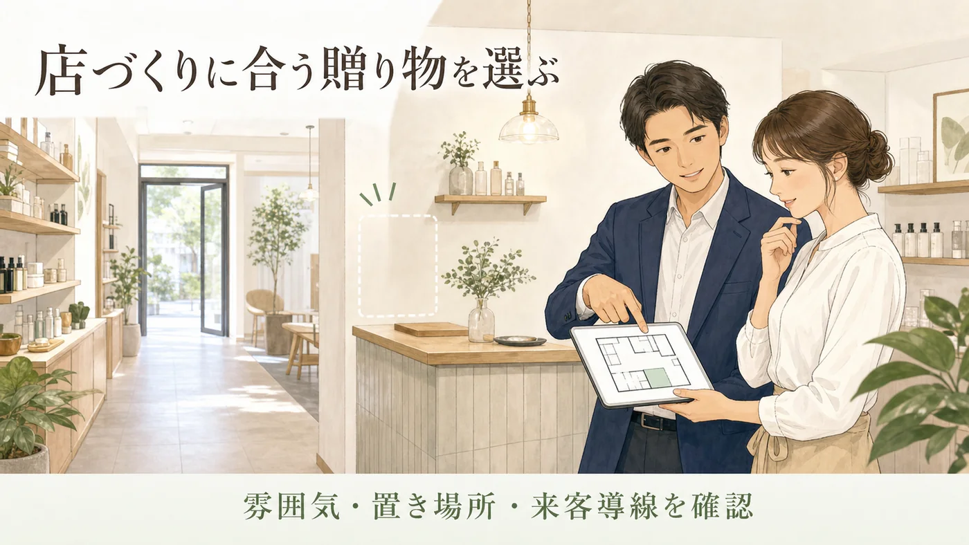 営業担当と店主が店舗の雰囲気・置き場所・来客導線を確認して開業祝いを選ぶイラスト