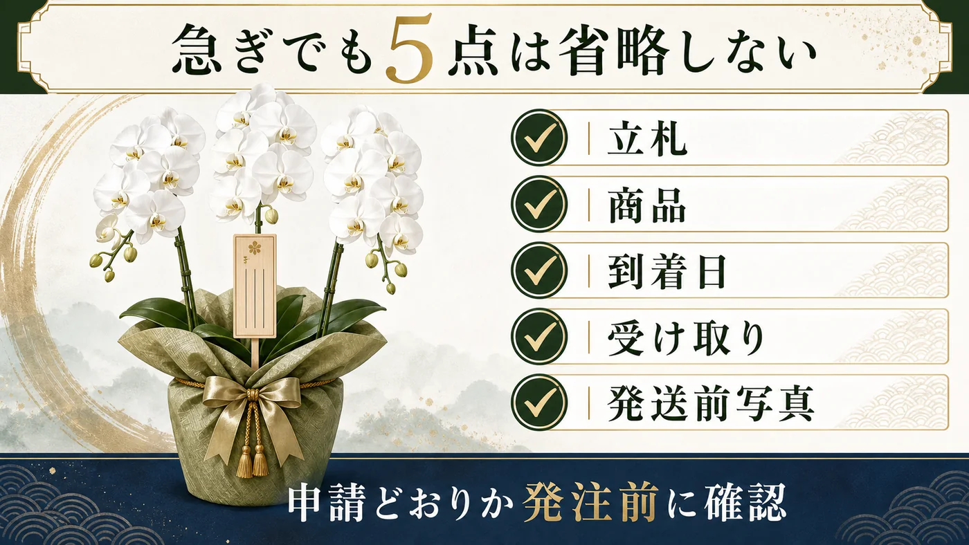 開業祝いの白大輪3本立ちを発注する前に立札・商品・到着日・受け取り・発送前写真を確認する図解