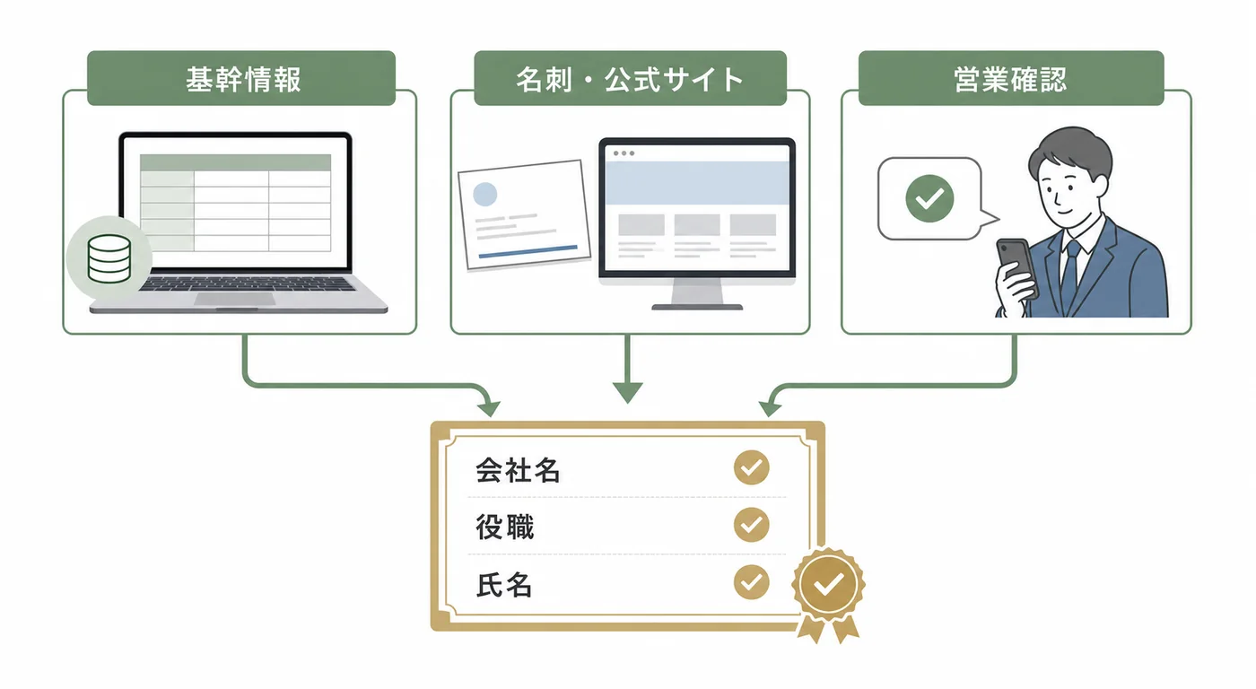 基幹情報・名刺や公式サイト・営業確認を照合して会社名・役職・氏名を確定する図解