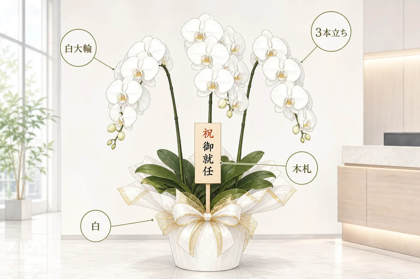 白大輪3本立ちの胡蝶蘭に祝御就任の木札を鉢へ正しく差した法人就任祝いの図解