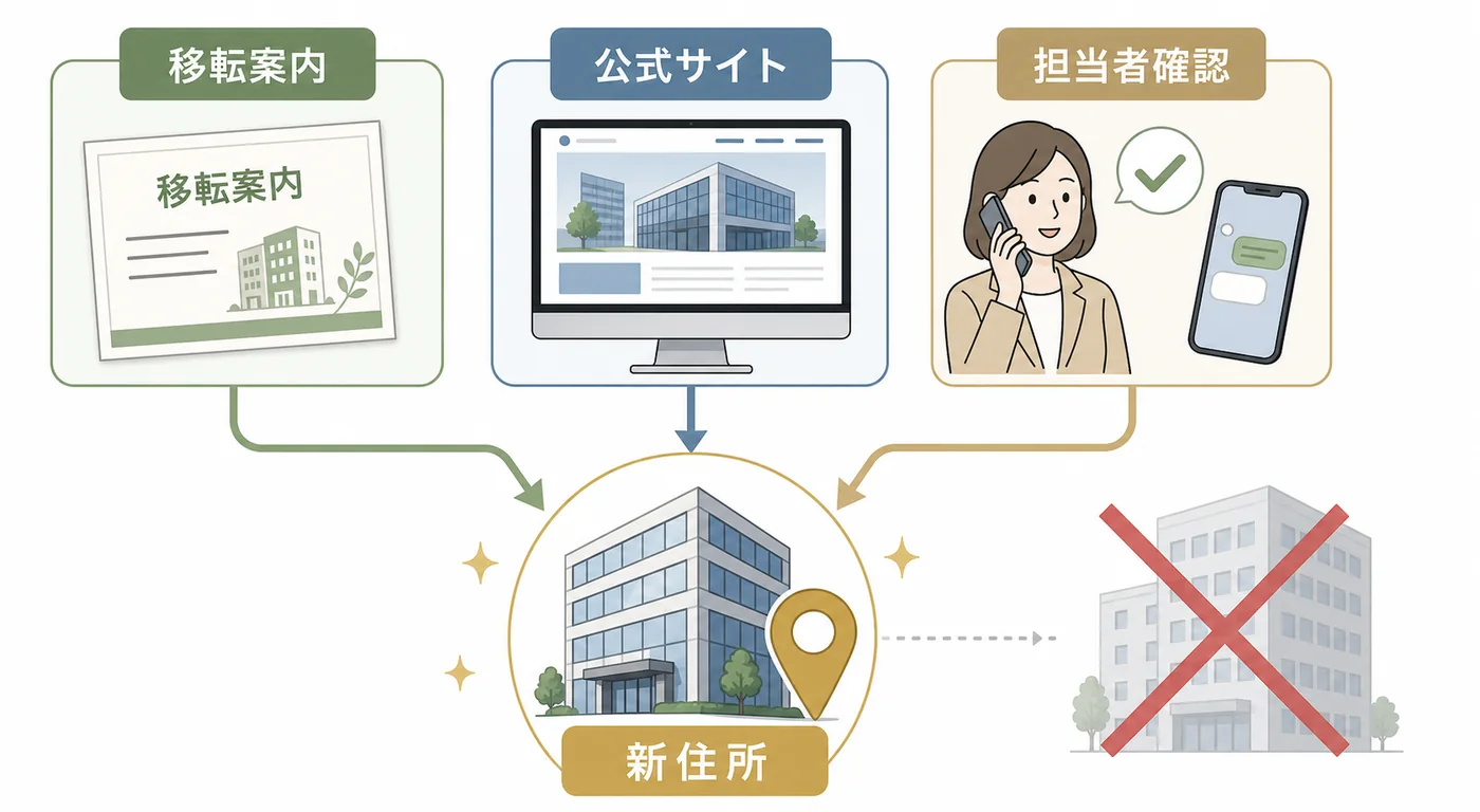 移転案内・公式サイト・担当者確認を照合して新住所を確定し旧住所への誤配送を防ぐ図解