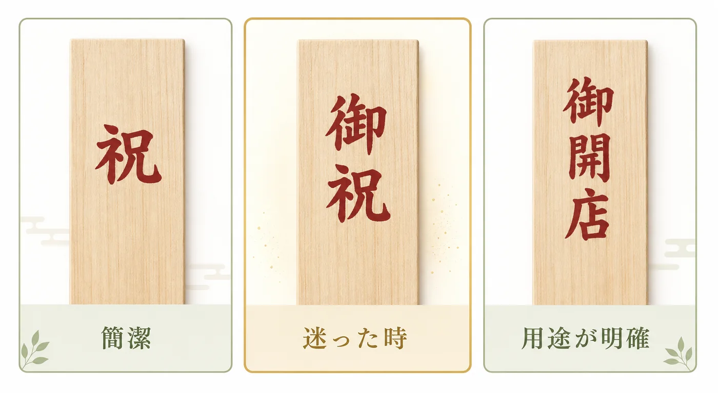 簡潔な祝・迷った時の御祝・用途が明確な御開店を比較した胡蝶蘭立札の頭書き早見図