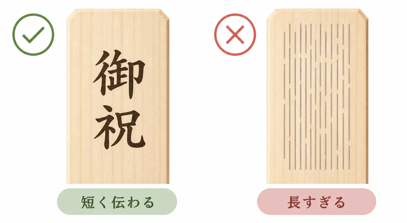 大きな御祝だけを記した読みやすい木札と情報を詰め込みすぎた木札を比較した図解
