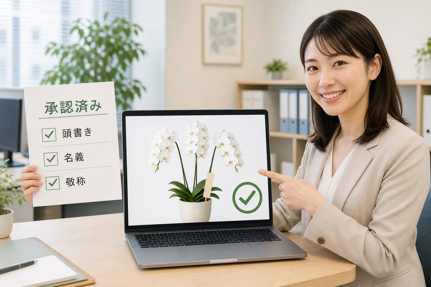 承認済み書類の頭書き・名義・敬称を注文画面の白大輪3本立ち胡蝶蘭と照合する総務担当者のイラスト