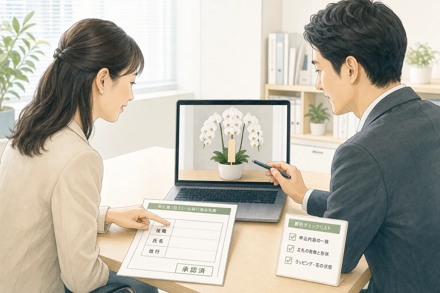 白大輪3本立て胡蝶蘭の発送前写真と承認書類を照合して役職・氏名・改行を確認する総務担当者のイラスト