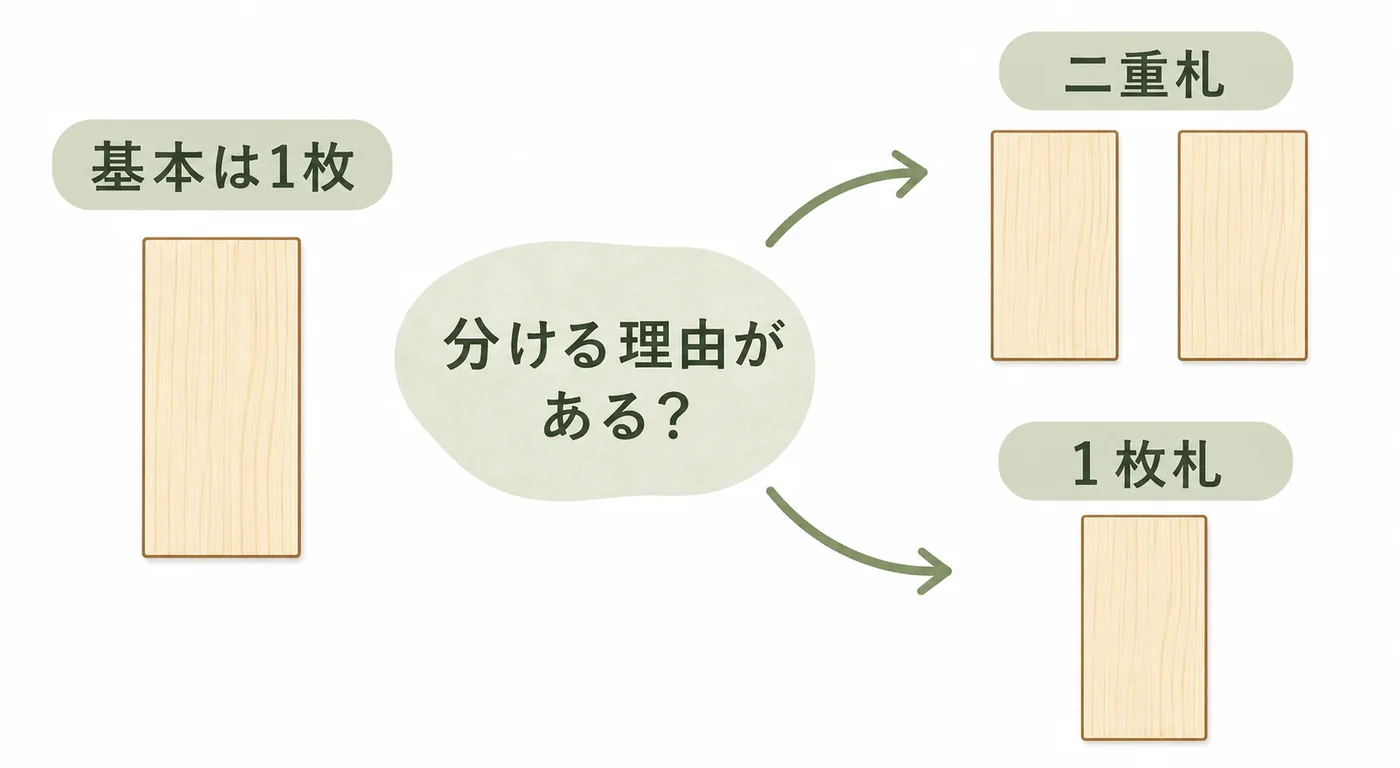 法人胡蝶蘭では一枚の立札を基本とし分ける理由がある場合だけ二重札を検討する判断図