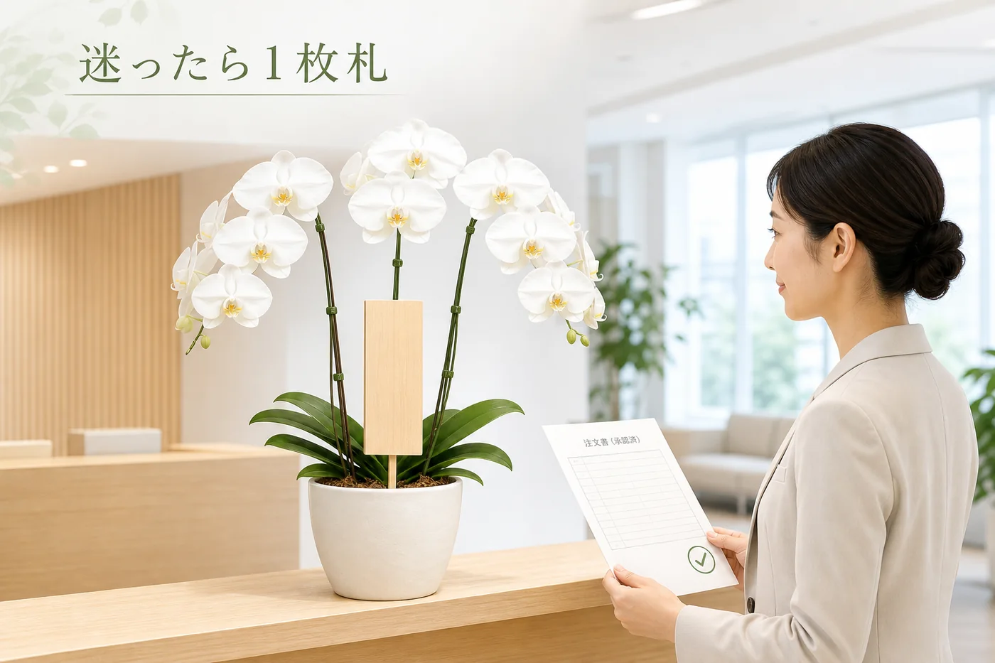 白大輪3本立て胡蝶蘭の鉢内に一枚の木札を自然に添えた法人贈答イラスト