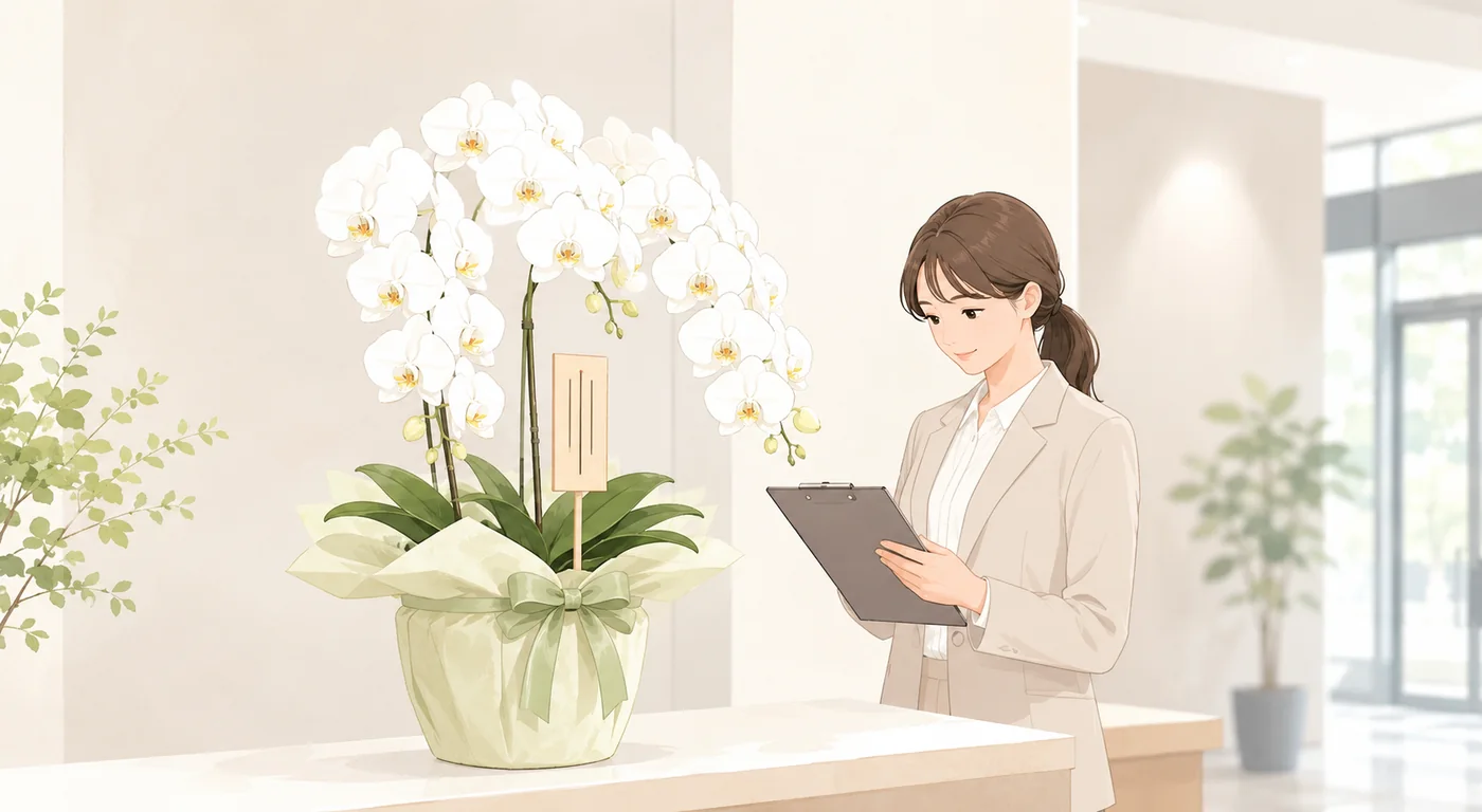 白大輪3本立て胡蝶蘭に連名を整えた木札を添え総務担当者が確認するイラスト