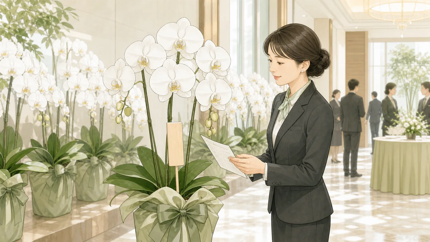 複数の白大輪胡蝶蘭が並ぶ会場で鉢内の木札と配送リストを照合する受付担当者のイラスト