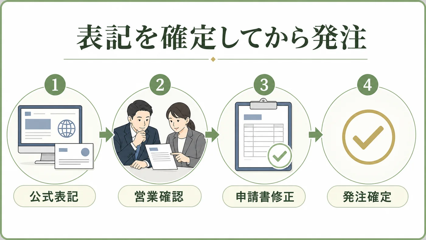公式表記・営業確認・申請書修正・発注確定の順で贈り先名の間違いを防ぐ図解