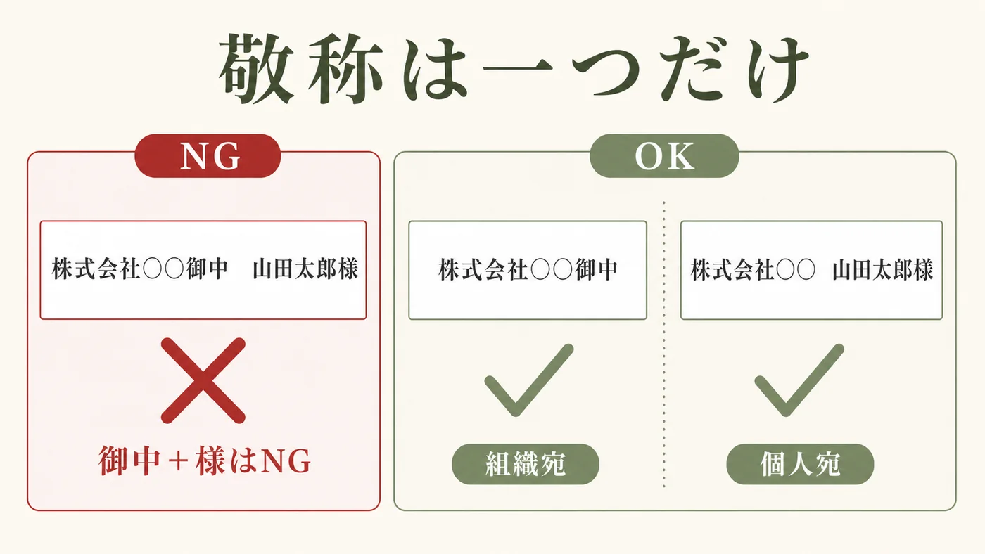 株式会社御中と個人名様を重ねず組織宛か個人宛のどちらかに整える立札敬称の比較図