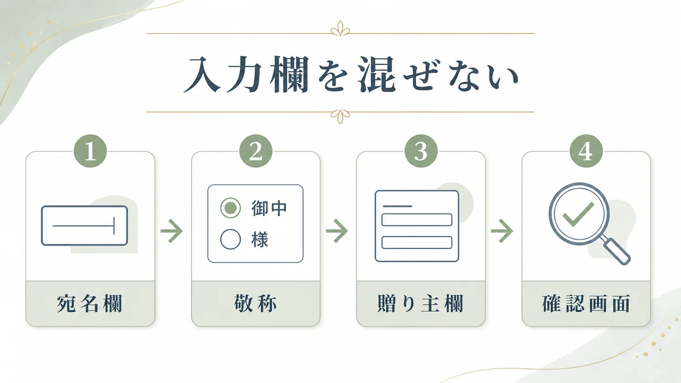 宛名欄・敬称・贈り主欄・確認画面を分けて法人胡蝶蘭の立札入力ミスを防ぐ手順図