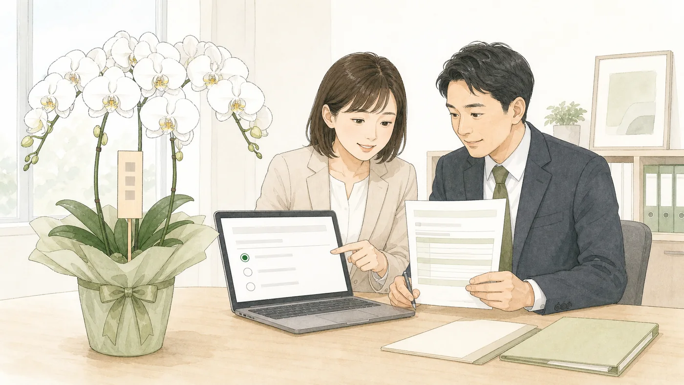 白大輪3本立て胡蝶蘭の鉢内木札と注文画面・承認書類を二人で照合する総務担当者のイラスト