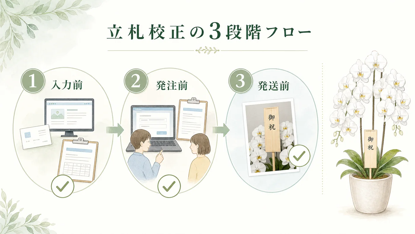 入力前・発注前・発送前の3段階で胡蝶蘭の立札表記を照合する校正フロー図