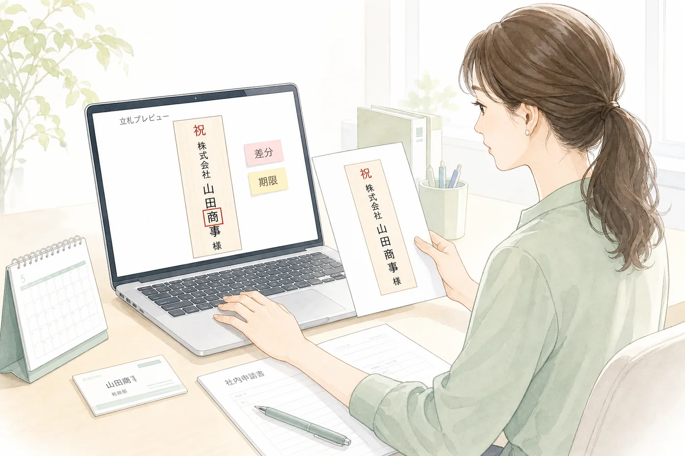 立札プレビューと申請書の差分を示して修正期限を伝える総務担当者のイラスト