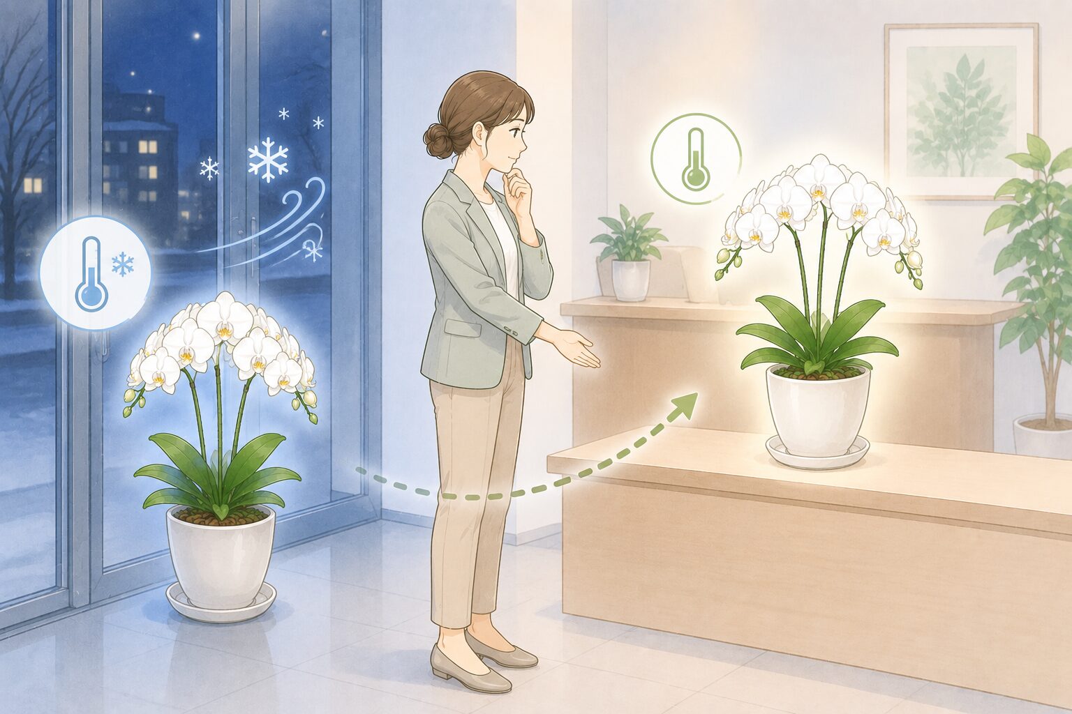 冬の受付で夜の低温を避けて胡蝶蘭を室内側へ移す判断を示すイラスト