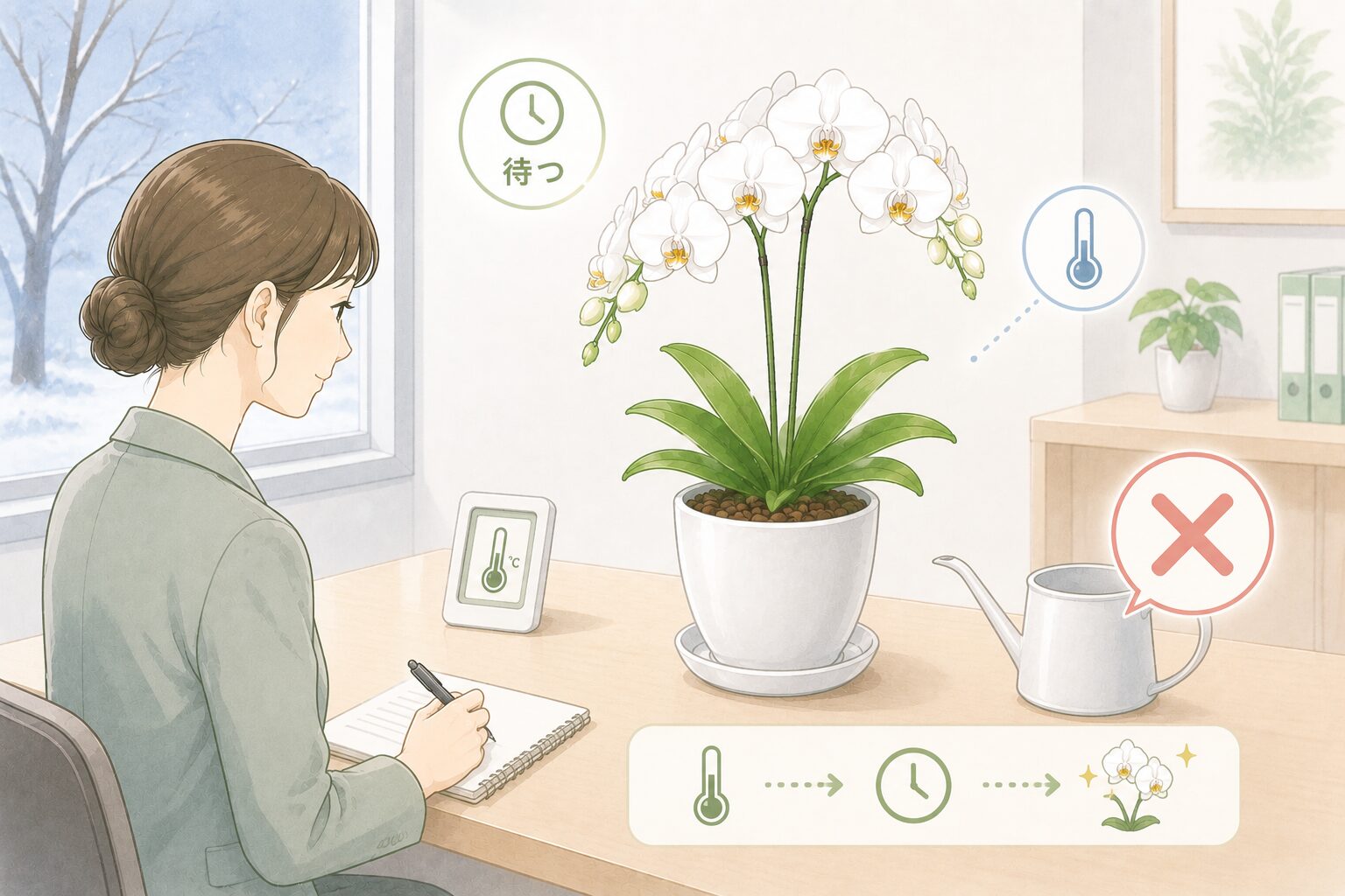冬に弱った胡蝶蘭をすぐ水やりせず温度を戻して経過観察するイラスト