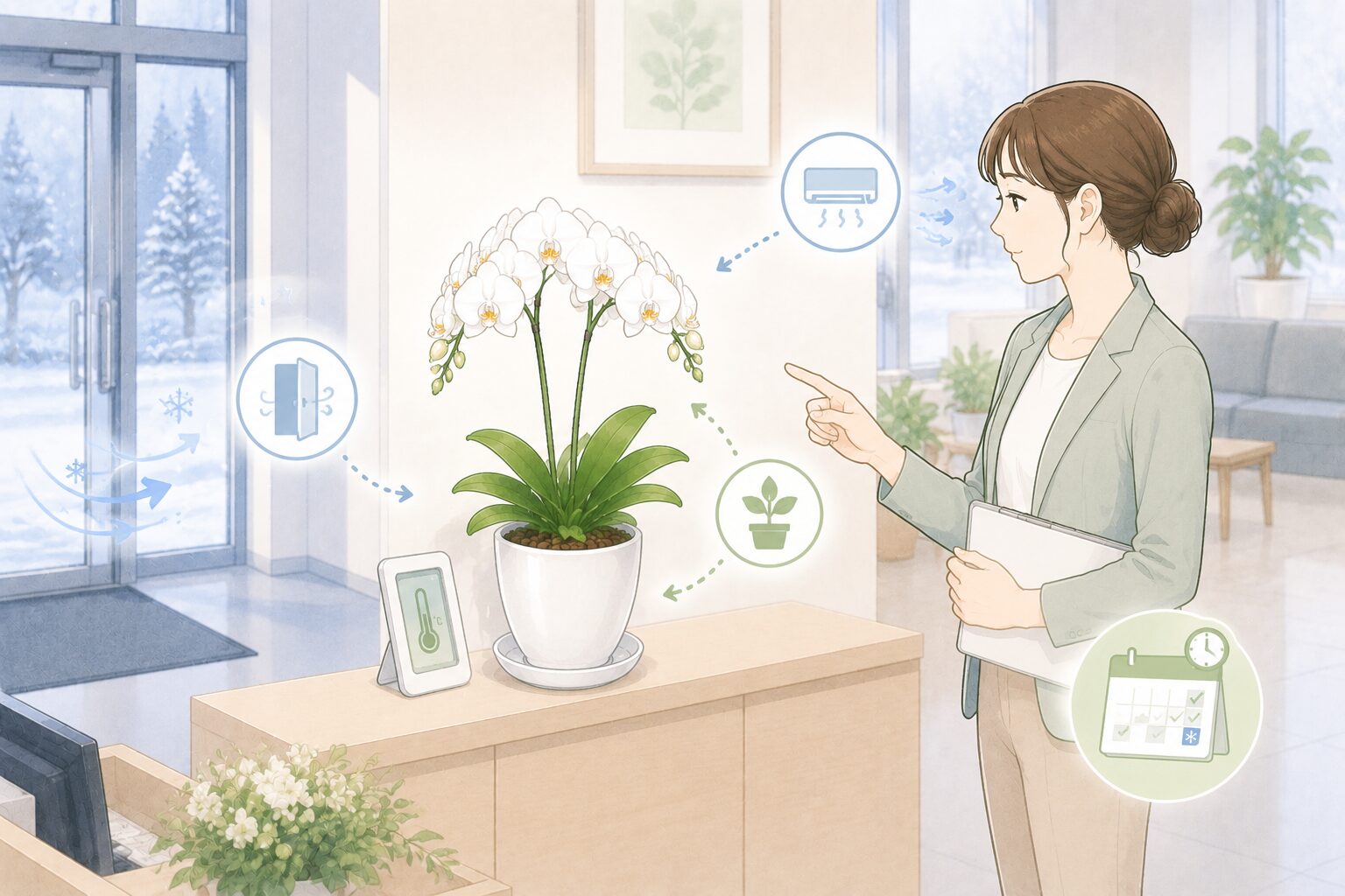 冬の会社や店舗で週末前に胡蝶蘭の置き場所を確認するイラスト