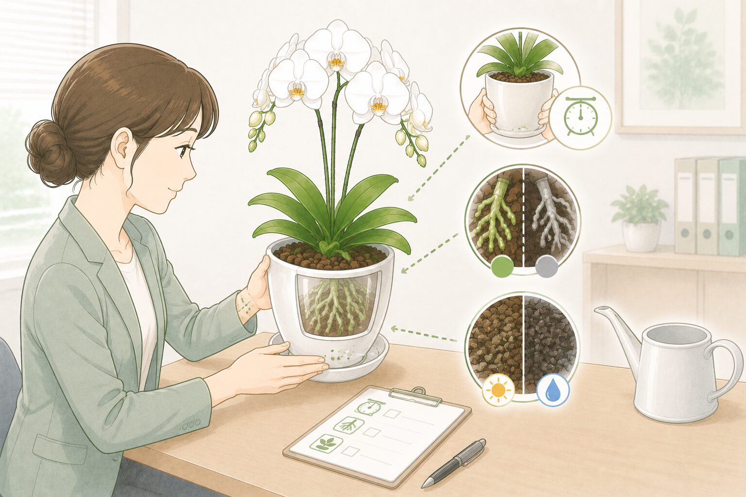 胡蝶蘭の水不足を葉だけで判断せず鉢の重さと根の色を確認するイラスト