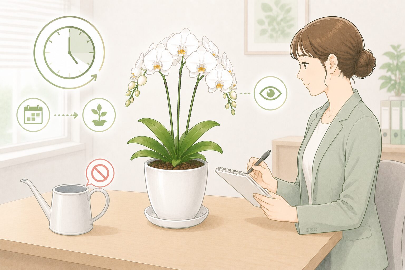 胡蝶蘭の水やり後にすぐ追加せず24時間から72時間観察するイラスト