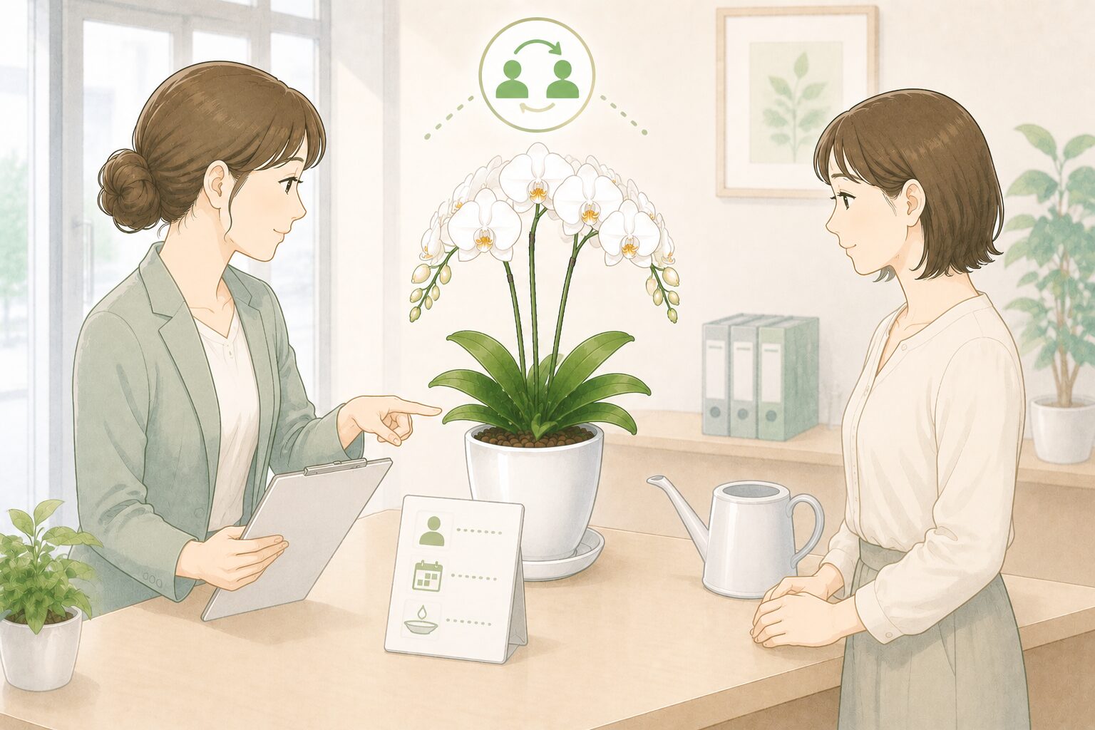 法人先で胡蝶蘭の水やり担当と確認日を共有するイラスト