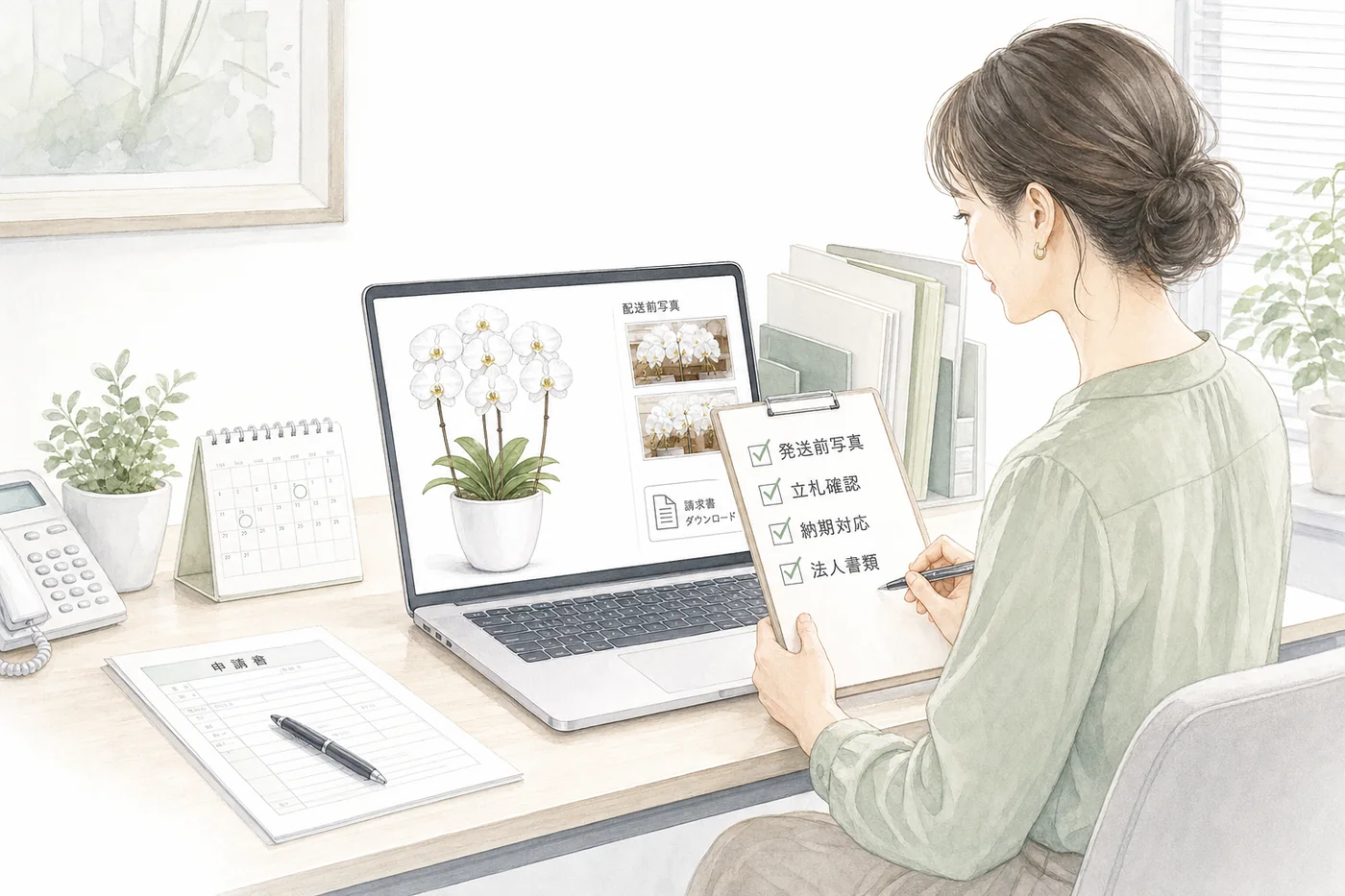 発送前写真・立札確認・納期対応・法人書類を確認して胡蝶蘭販売店を選ぶ総務担当者のイラスト