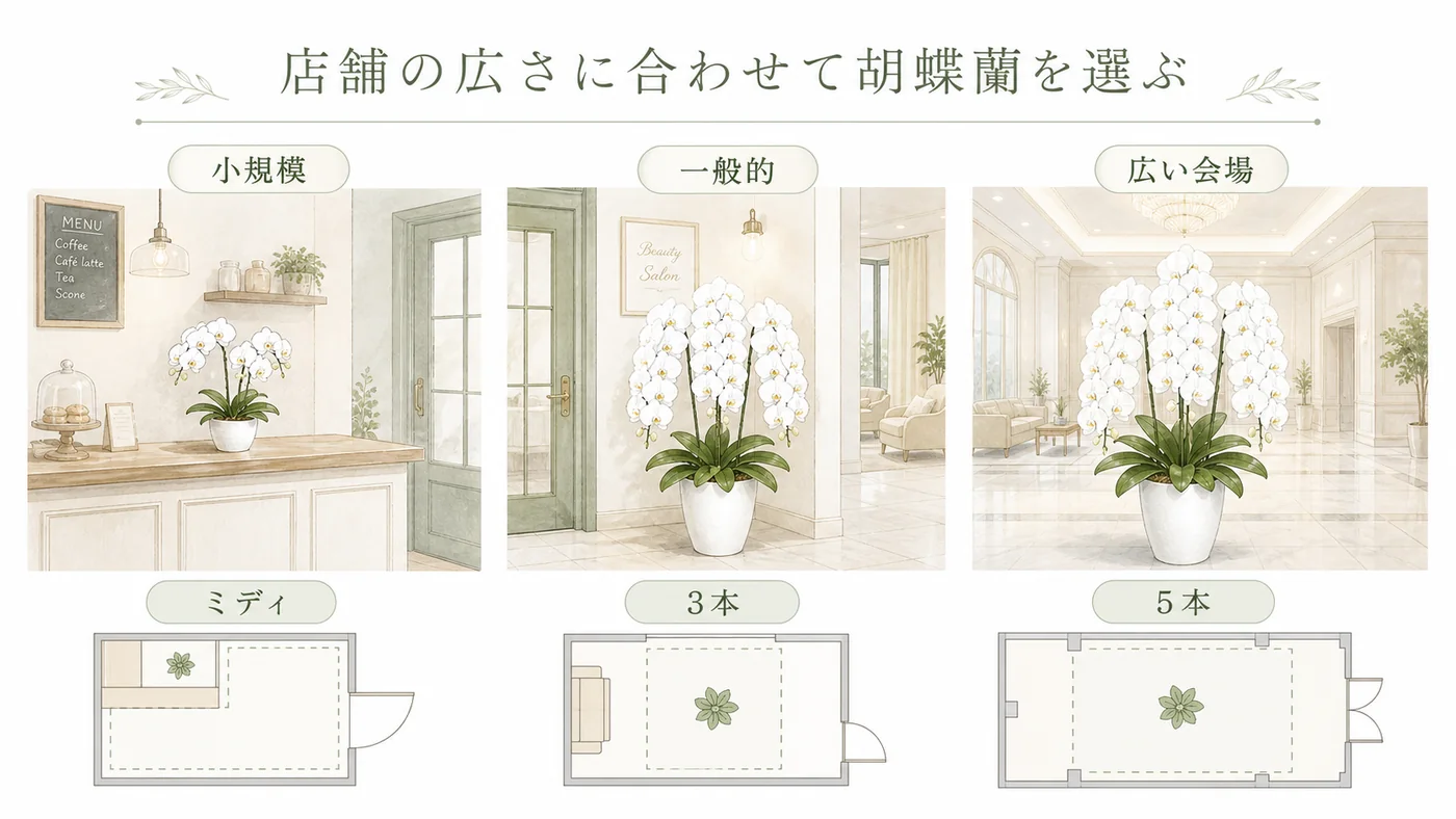 小規模店舗・一般的な店舗・広い会場でミディ胡蝶蘭や白大輪3本立てを選び分ける図解