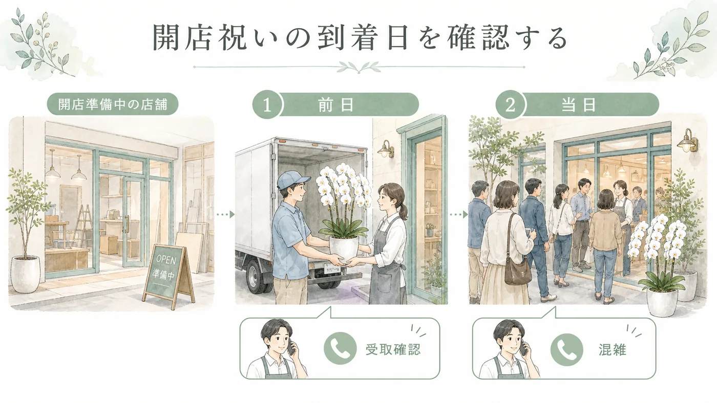 開店前日と開店当日の受取状況を確認して胡蝶蘭の納品日を決める図解