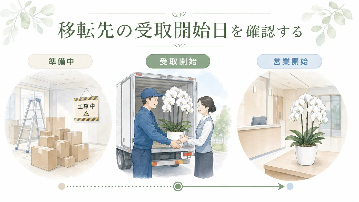 移転準備中・受取開始日・営業開始日を確認して胡蝶蘭の納品日を決める時系列図