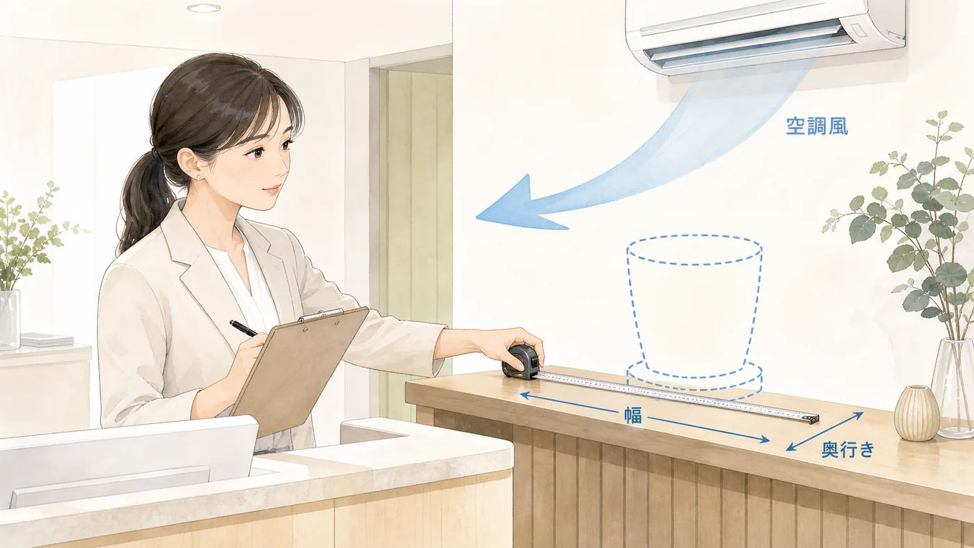 受付棚の幅・奥行き・空調風を測って胡蝶蘭を置けるか確認するイラスト