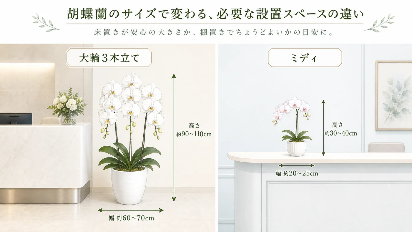 床置きの白大輪3本立てと受付棚に置くミディ胡蝶蘭の必要スペースを比較する図解
