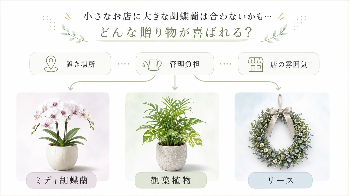 設置場所と管理負担からミディ胡蝶蘭・観葉植物・リースを選び分ける図解