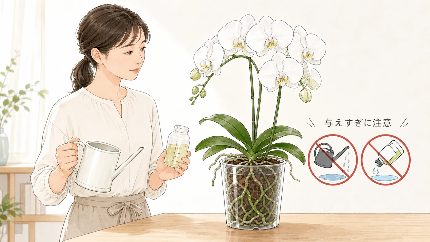 胡蝶蘭へ水や肥料を与える前に株の状態を確認する育成者のイラスト