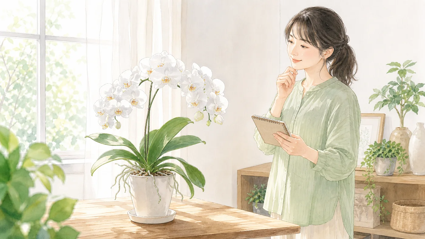 正しい水やりと肥料管理で美しく咲く胡蝶蘭を観察する育成者のイラスト