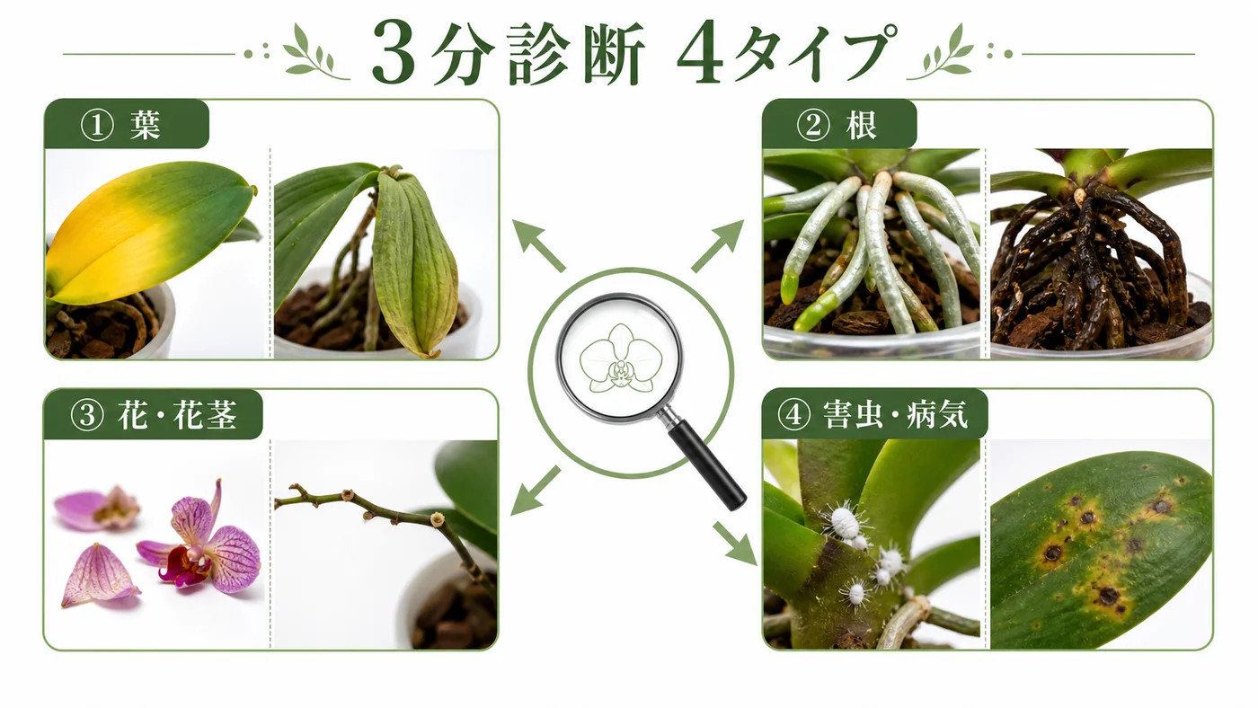 胡蝶蘭の異常を葉・根・花と花茎・害虫と病気の4タイプに分ける診断図