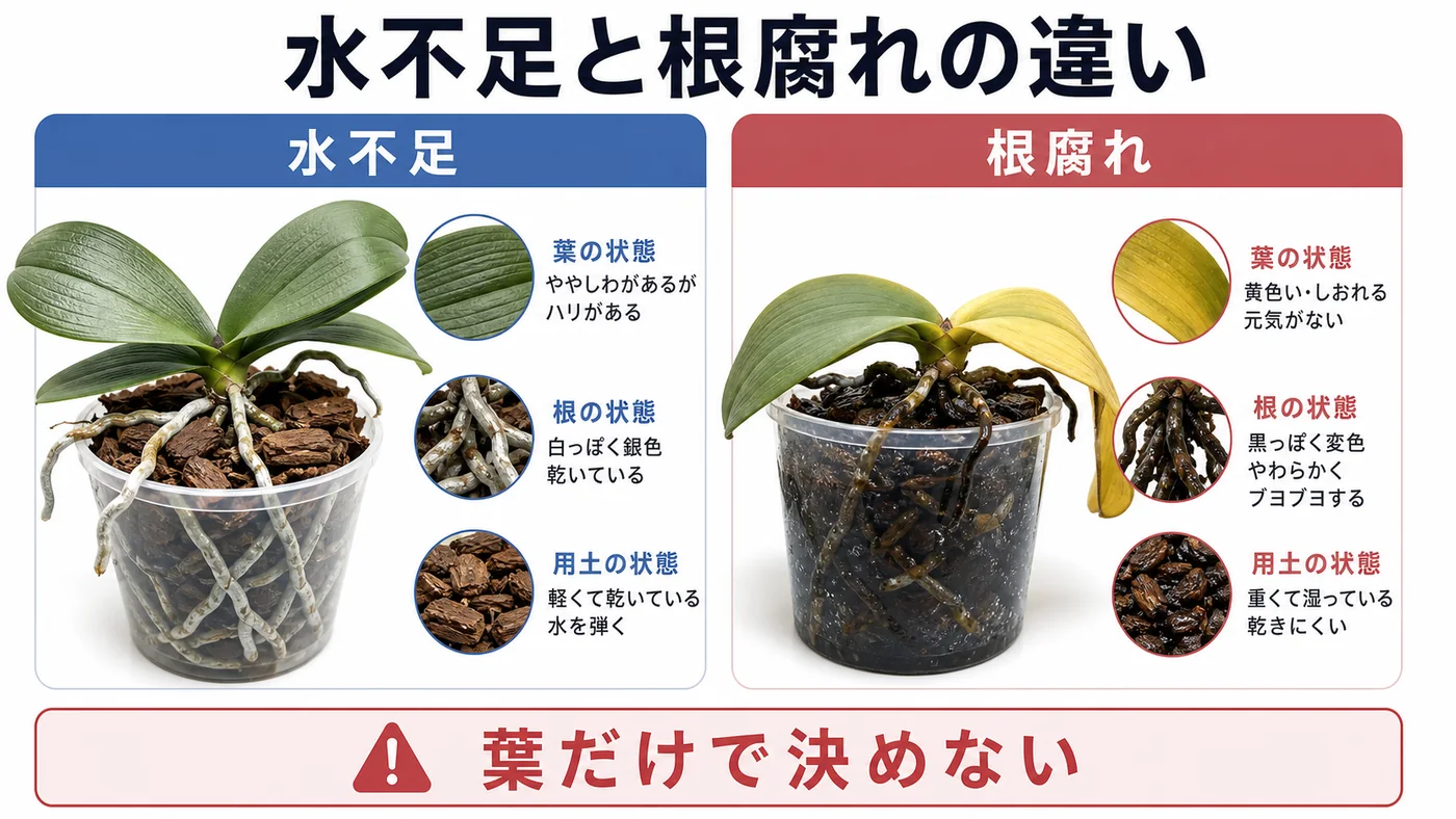 胡蝶蘭の葉・根・用土から水不足と根腐れを見分ける比較図