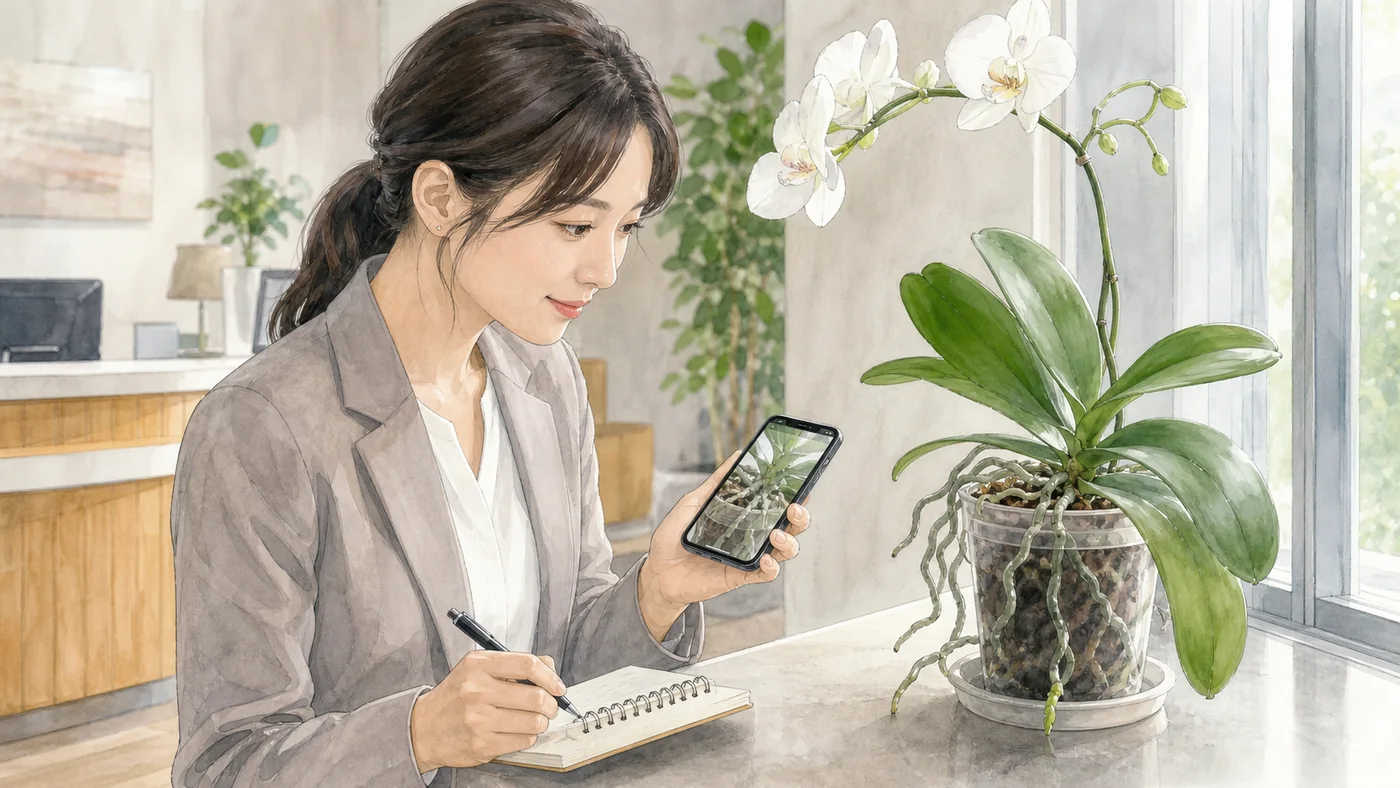 会社の胡蝶蘭を写真と記録で比較しながら回復状況を確認する担当者のイラスト