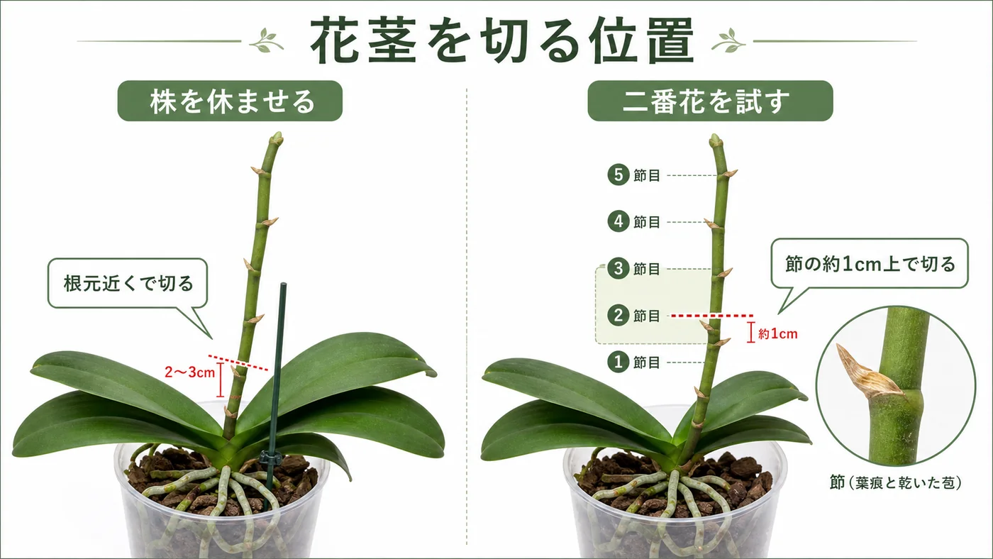 花が終わった胡蝶蘭の花茎を根元近くまたは節の約1cm上で切る位置を示す図解