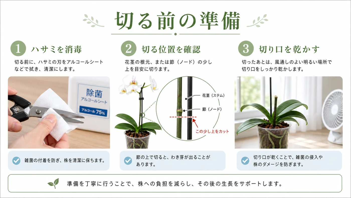 胡蝶蘭の花茎を切る前にハサミの消毒・切る位置・切り口の乾燥を確認する図解