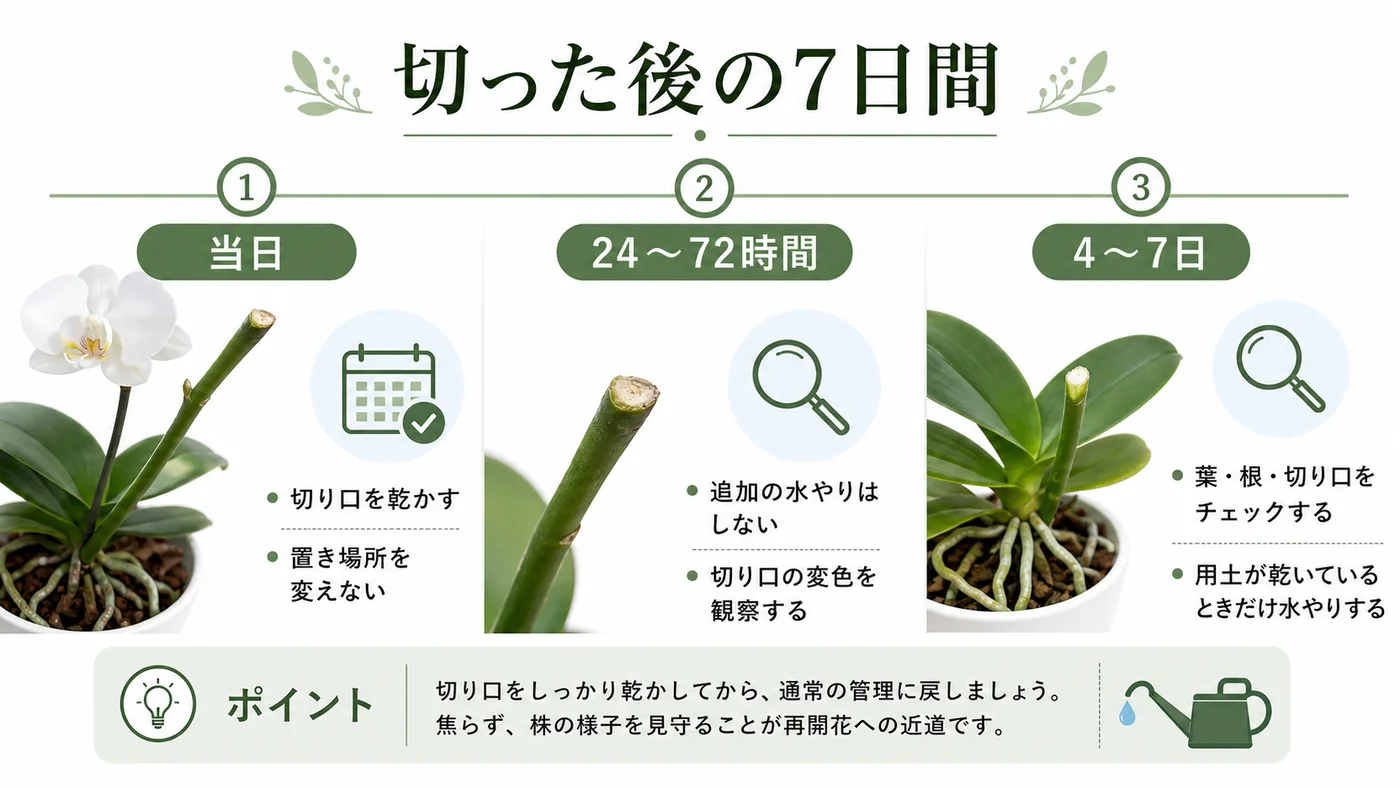 胡蝶蘭の花茎を切った当日から7日後までの切り口・水やり・観察項目を示す図解