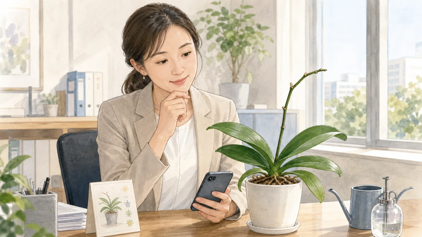 花が終わった会社の胡蝶蘭を育て続けるか回収依頼するか検討する担当者のイラスト