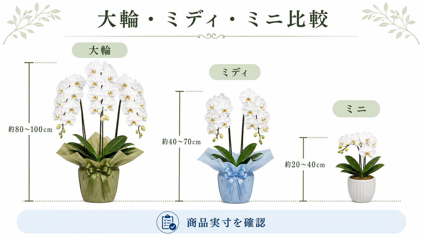 大輪・ミディ・ミニ胡蝶蘭の高さと全体サイズの違いを比較した図解