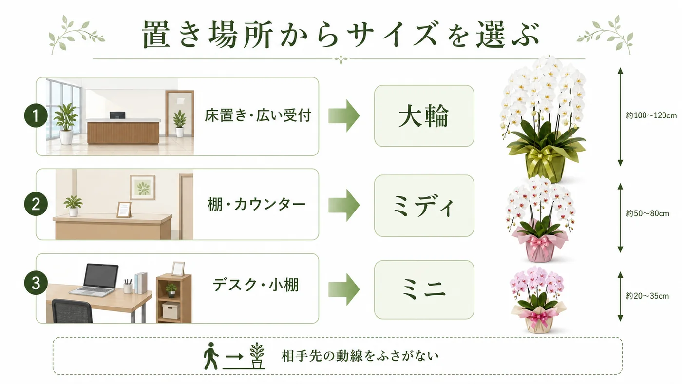 床置き・受付カウンター・デスクなど相手先の置き場所から大輪・ミディ・ミニを選ぶ図解