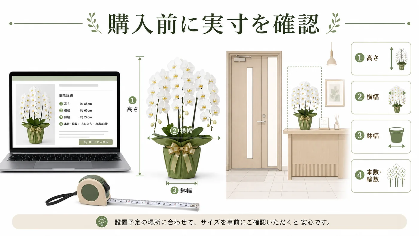 胡蝶蘭購入前に高さ・横幅・鉢幅・本数・輪数を確認するポイントを示す図解