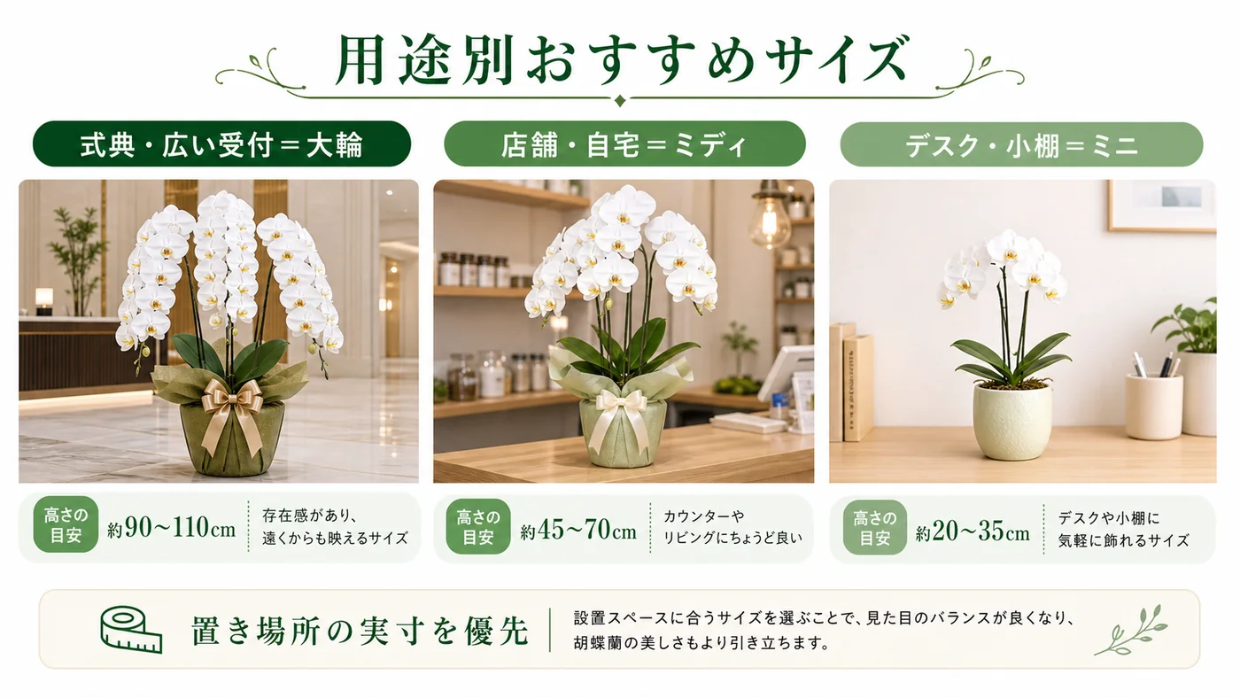 式典・店舗・自宅・デスクなど用途別に大輪・ミディ・ミニ胡蝶蘭を選ぶ基準を示す図解