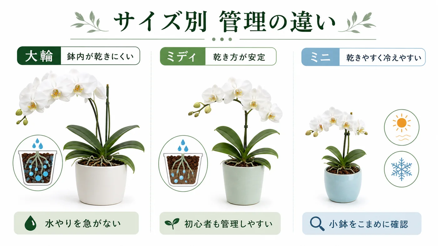 大輪・ミディ・ミニ胡蝶蘭の鉢内の乾き方と冷えやすさの違いを比較した図解
