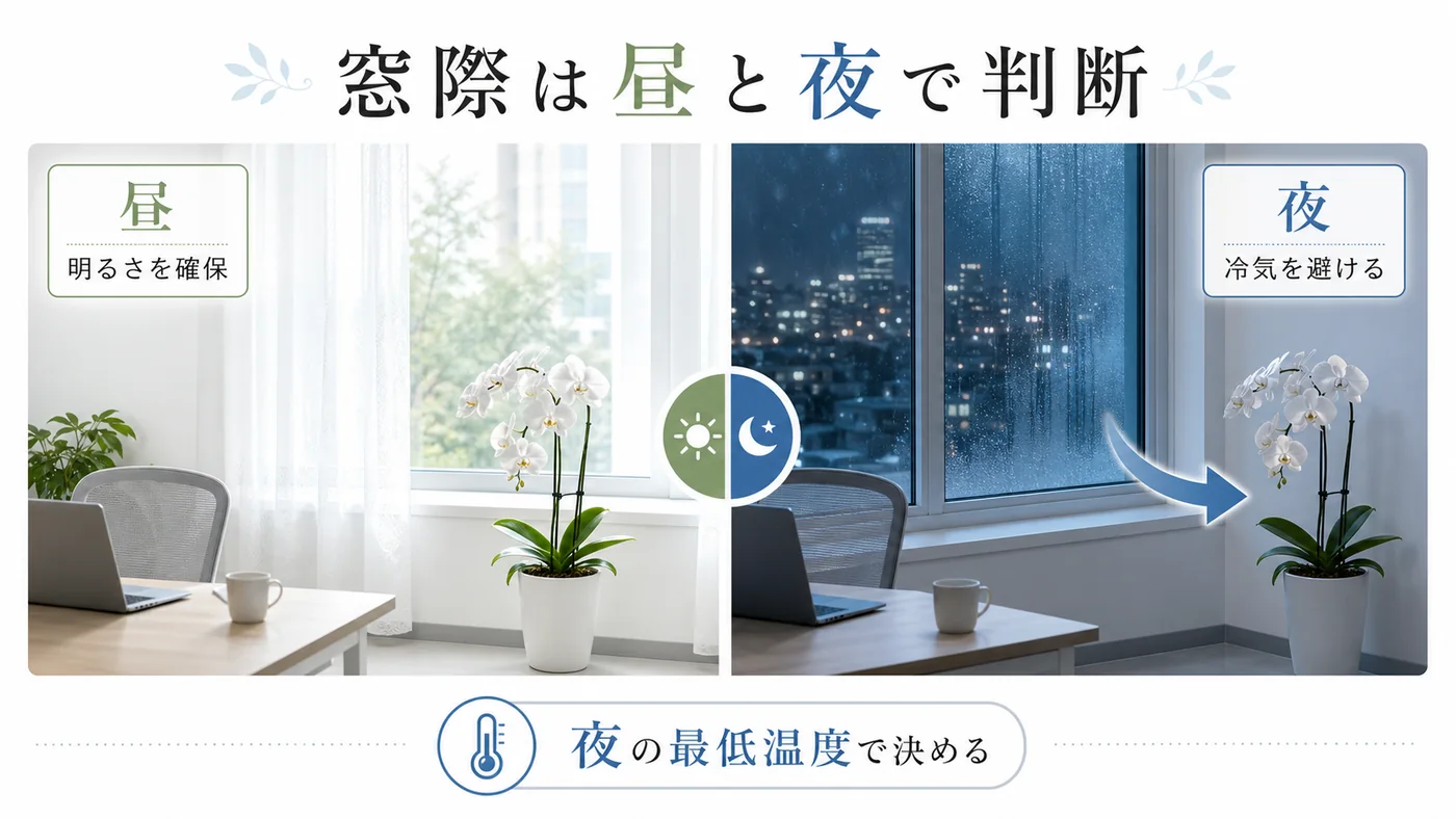 昼は窓辺の明るさを利用し夜は冷気を避けて室内側へ移す胡蝶蘭の置き場所図