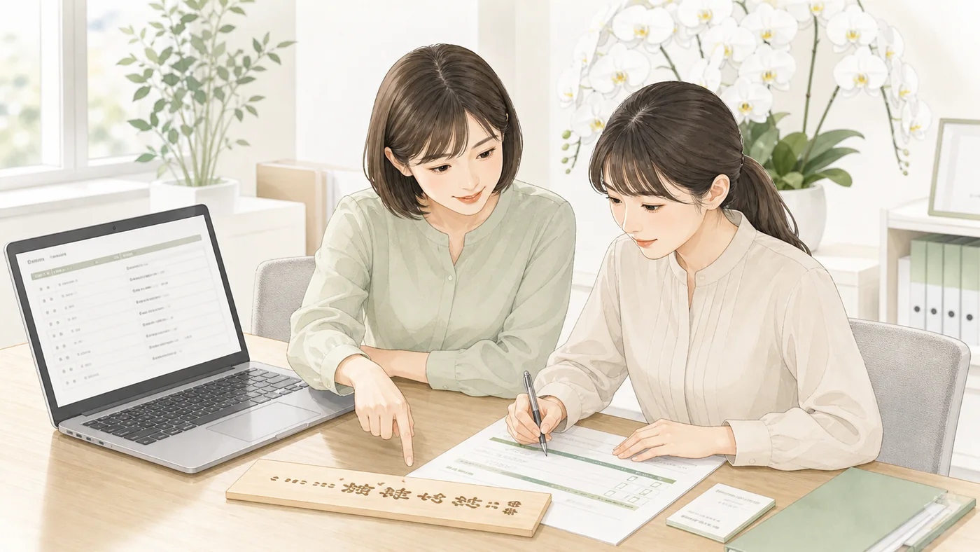 注文画面・社内申請書・名刺を見比べて胡蝶蘭の立札を二人で確認する総務担当者のイラスト
