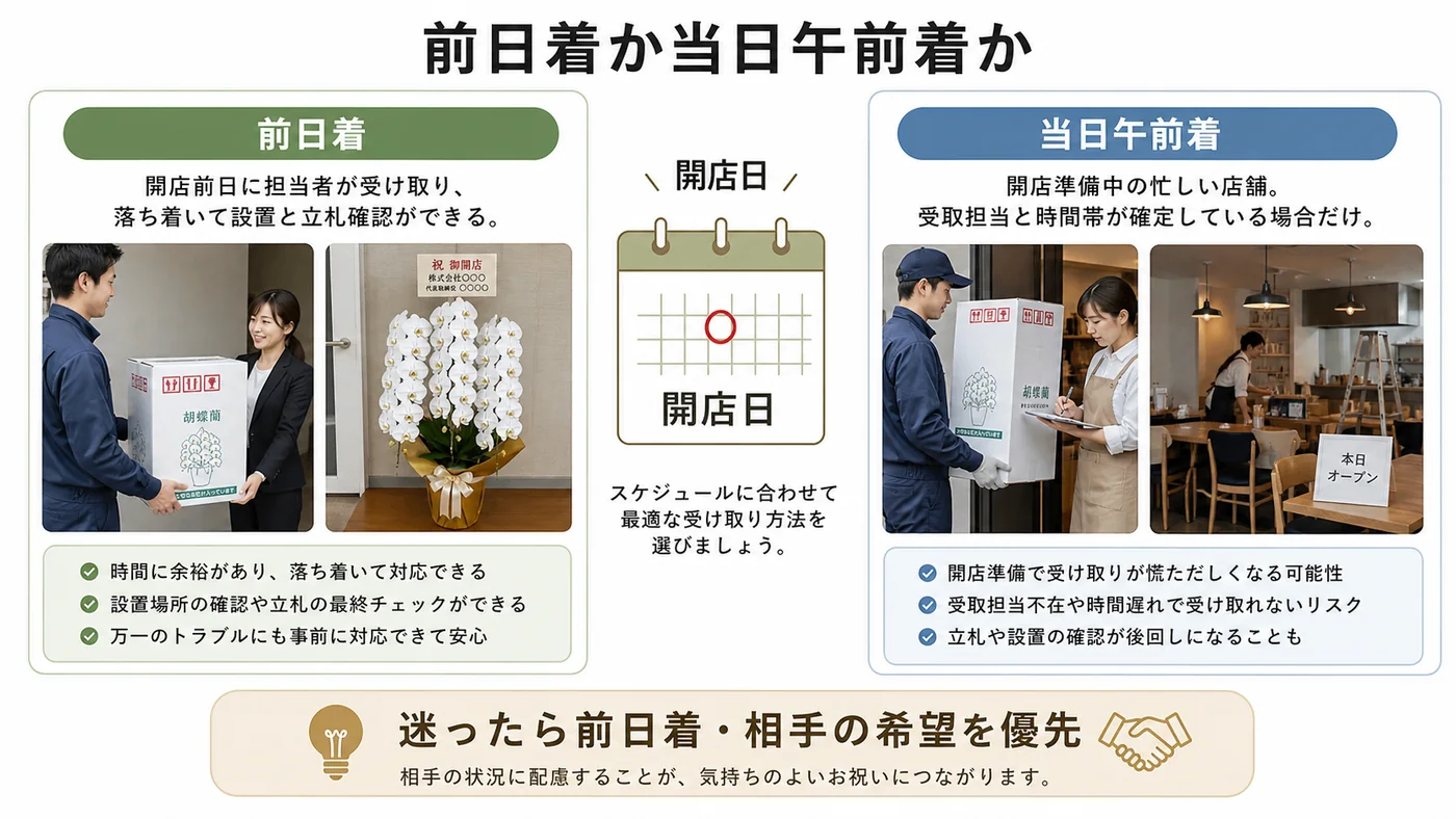 開店祝いの胡蝶蘭を前日に届ける場合と開店当日午前に届ける場合の違いを比較した図解